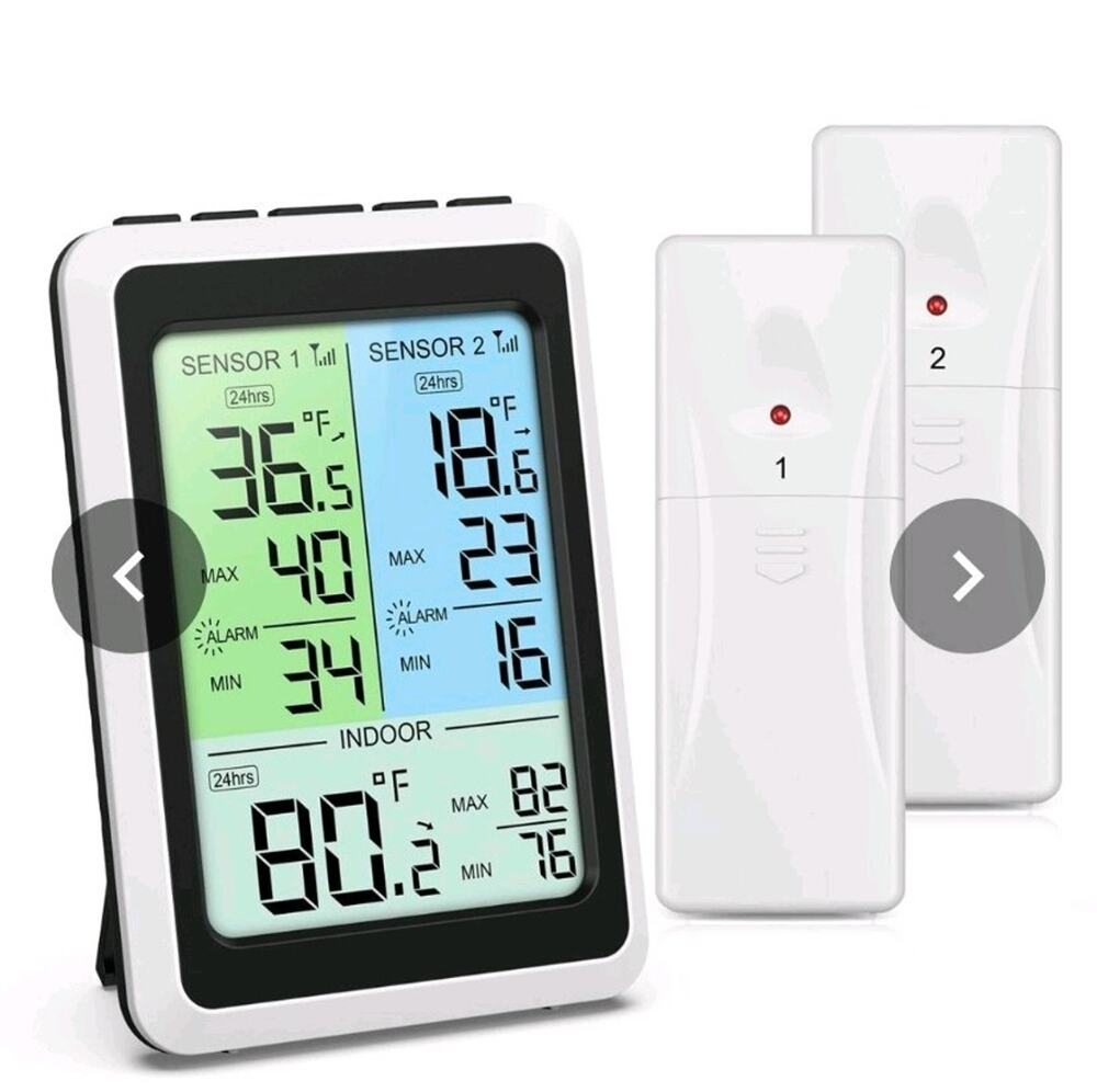 Wireless Digital Thermometer w/ 2 Remote Sensors Temperature Monitor Alarm